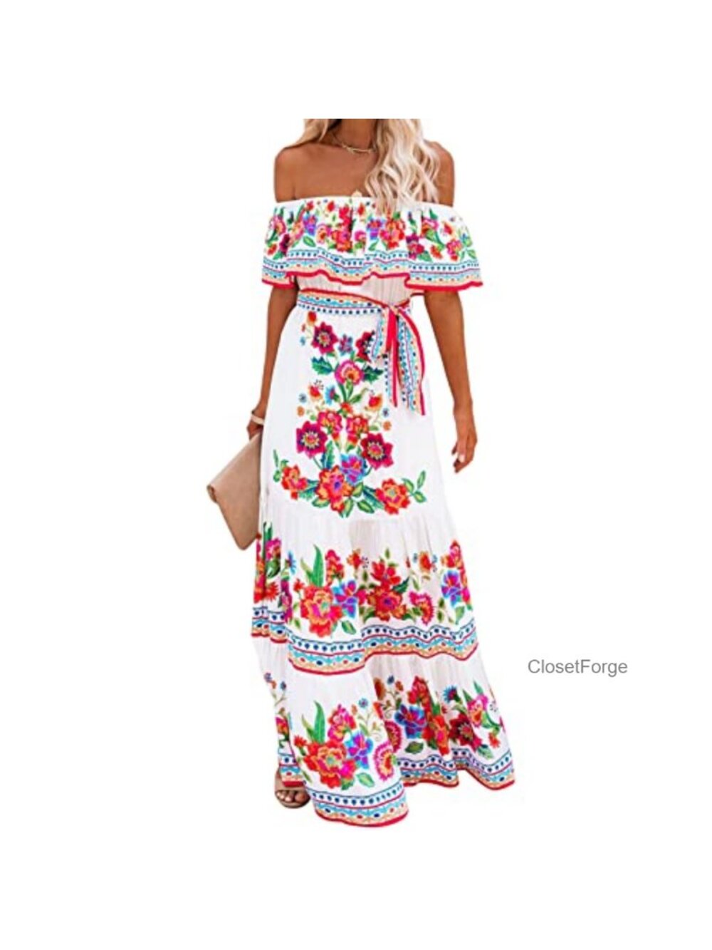 Mexican Floral Off Shoulder Maxi Dress Summer Party Casual Sundress